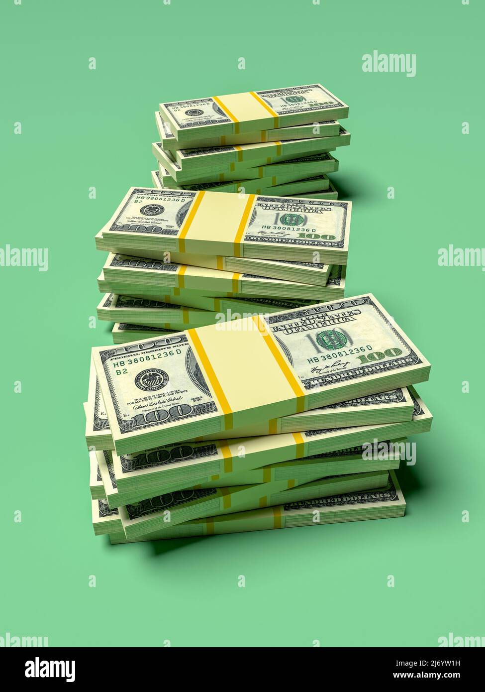 Große Geldstapel aus Dollar. Konzept der US-Dollar-Finanzierung. 3D Rendern Stockfoto