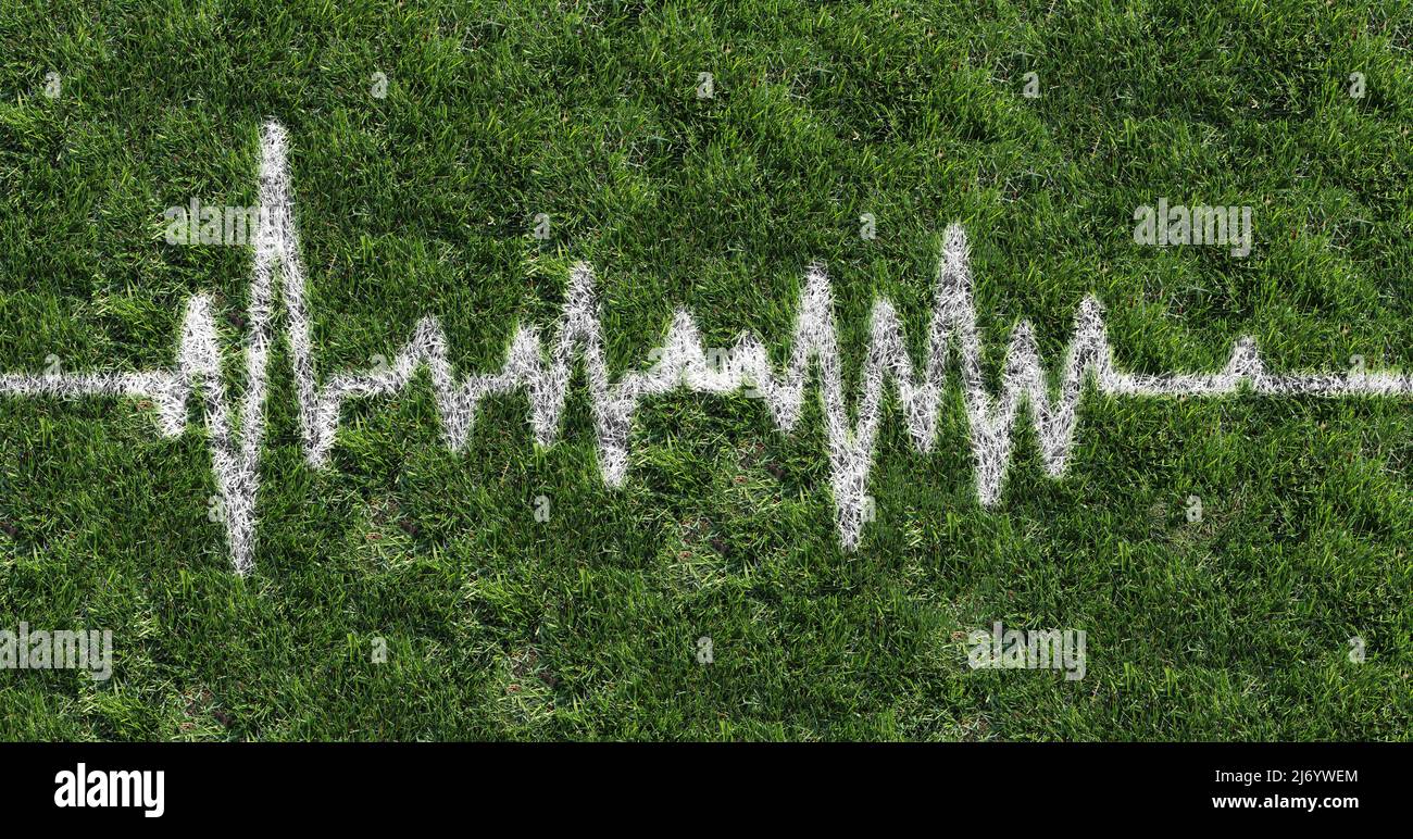 Bewegung und Gesundheit oder körperliche Aktivität mit einer weißen Linie in Form eines medizinischen EKG-Diagramms auf einem Sportfeld mit grünem Gras. Stockfoto