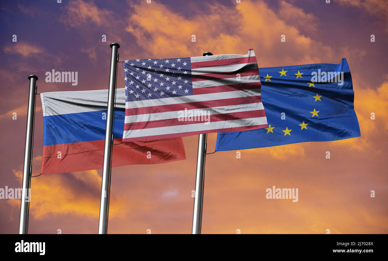 Flaggen Russlands EU- und USA-Sanktionen während des russisch-ukrainischen Sanktionspakets 6 Stockfoto