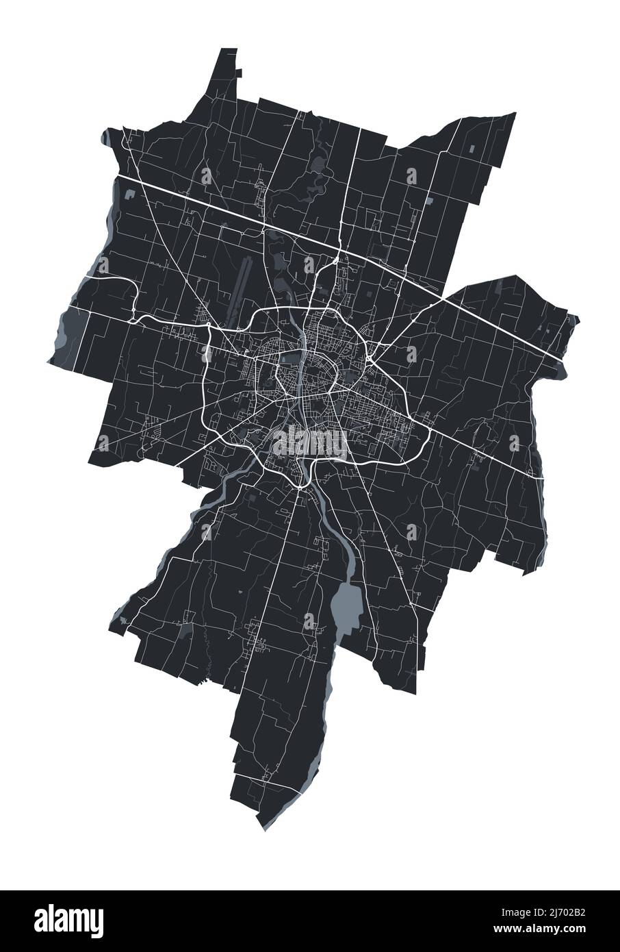 Parma-Vektorkarte. Detaillierte Vektorkarte des Verwaltungsgebiets der Stadt Parma. Blick auf das Stadtbild mit Postern und die Arie der Metropole. Schwarzes Land mit weißen Straßen, Straßen Stock Vektor