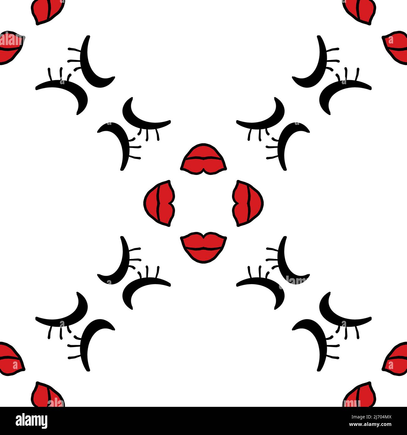 Wimpern und roten Lippen auf weißem Hintergrund. Nahtloses, sich wiederholendes Muster modisches Design für Stoff, Tapete oder Geschenkpapier. Stockfoto