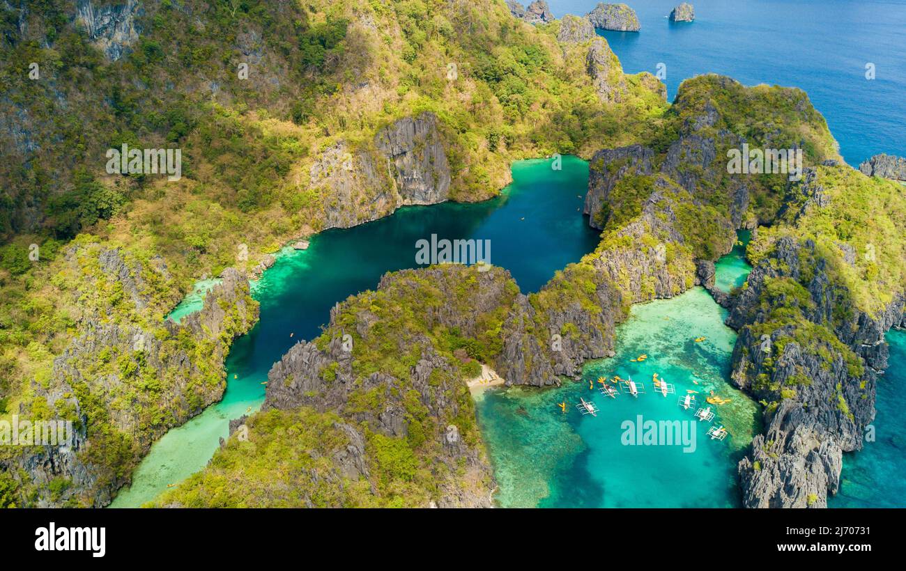 Luftaufnahme der Großen Lagune und der Kleinen Lagune, Palawan Island, Philippinen Stockfoto