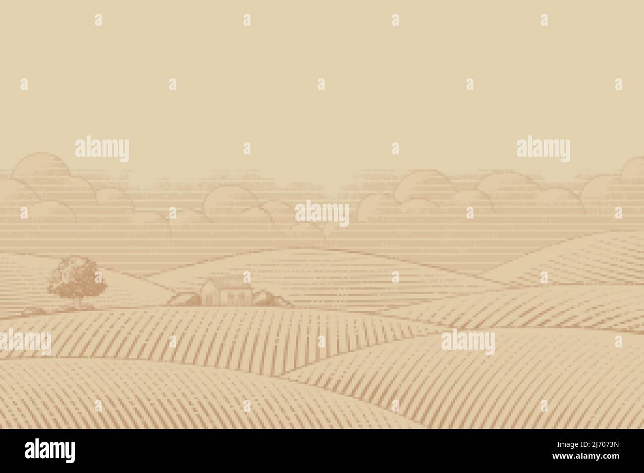 Gravur Stil Illustration von Land Landwirtschaft Ackerland mit Grünland und Scheune Stock Vektor