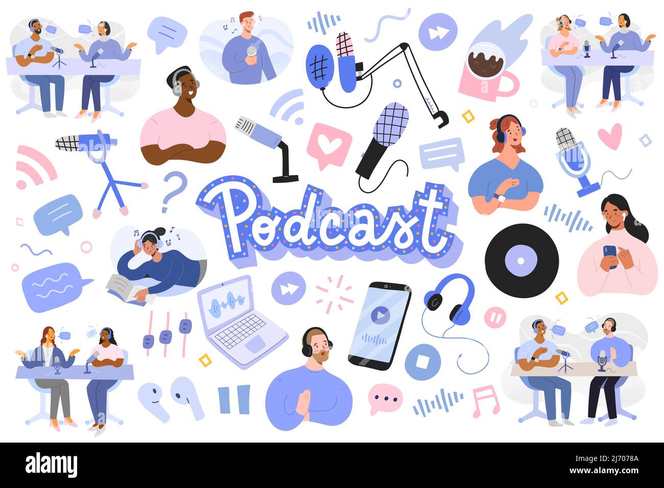 Podcast-Illustrationen, Podcasts und Zuhörer, Interview mit Moderatoren und Gastaufzeichnungen, Lautsprecher, Mikrofon und Headset-Objekte, Internetübertragung Stock Vektor