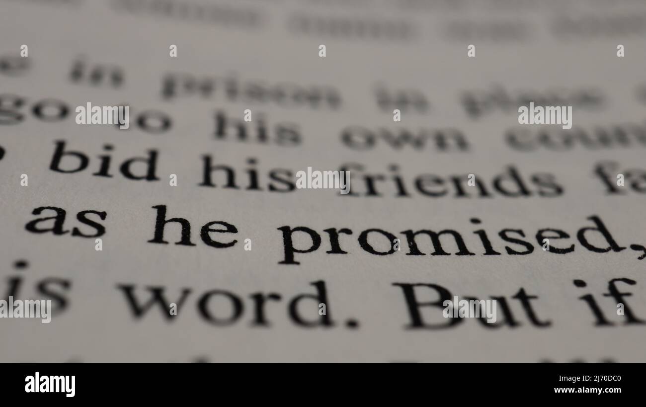 Promise Text in offener Buchseite, selektiver Fokus, Nahaufnahme, Makroaufnahme der englischen Botschaft, Bildungsidee und neuartiges Konzept, Sitzansicht Stockfoto