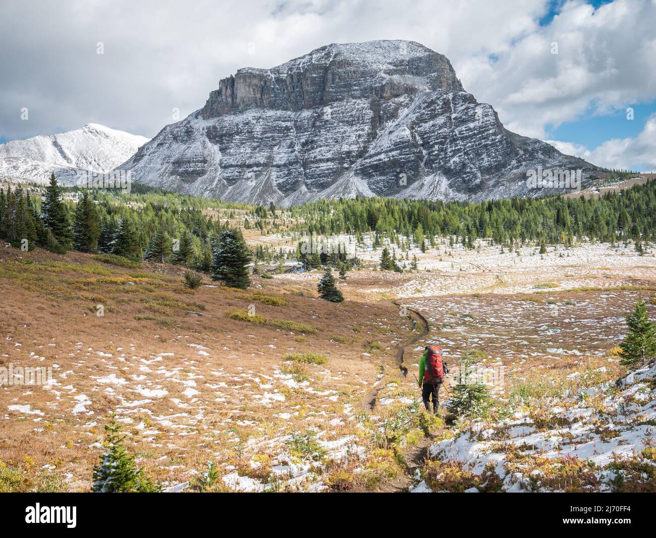 Wanderer im Hinterland, der an einem bewölkten Tag zum großen Berg geht, Mt Assiniboine Prov Park, Kanada Stockfoto