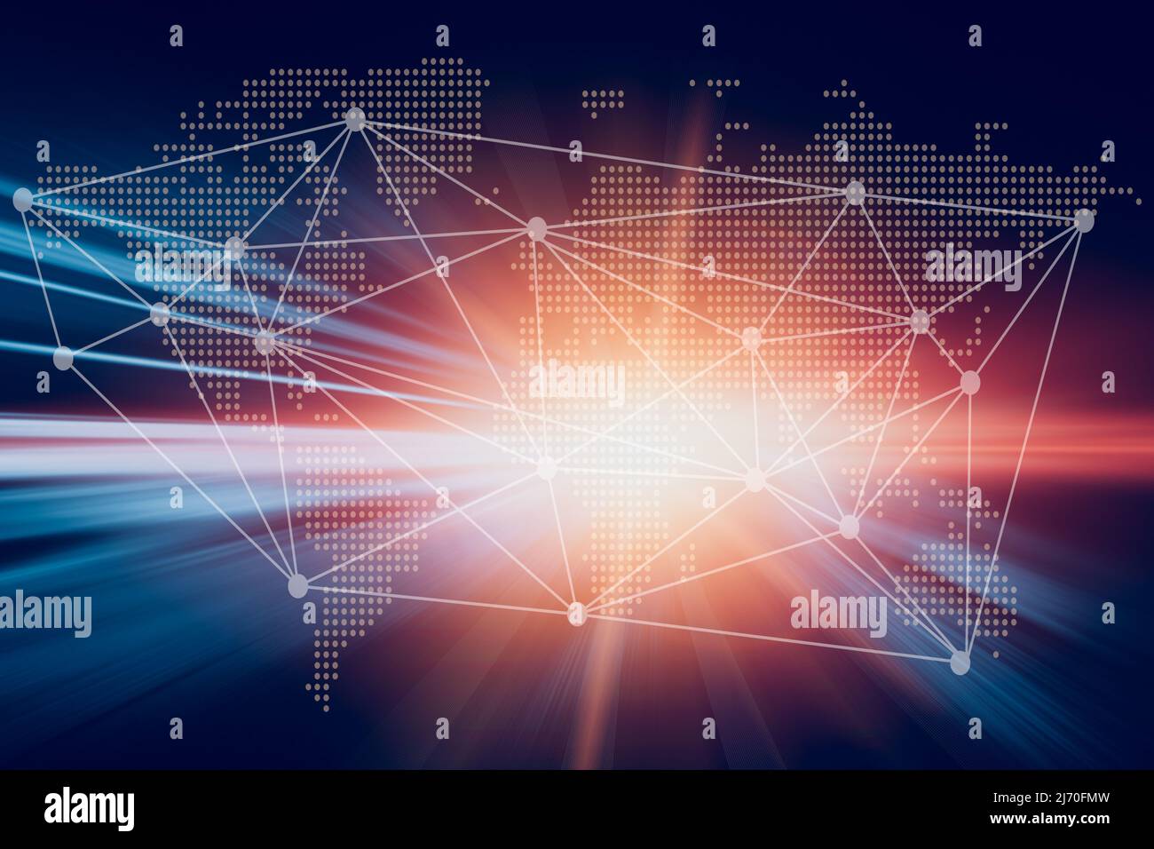 Schnelle Kommunikationstechnologie globales Verbindungskonzept. Welt, die Punkte und Linien mit schnellen Bewegungsunschärfen verbindet, für ein futuristisches digitales Business-T Stockfoto