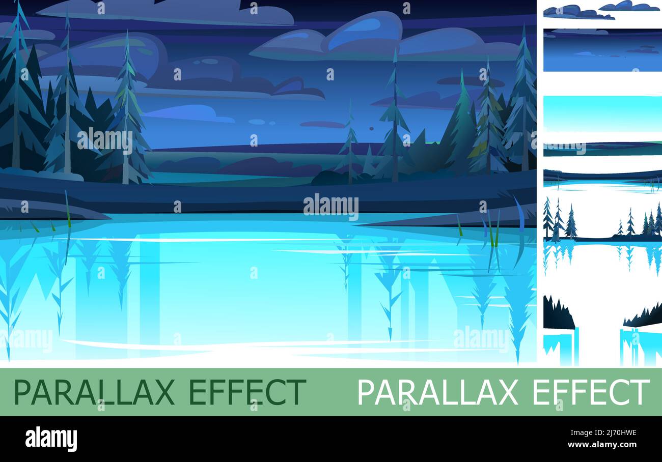 Nächtliche ländliche Landschaft mit Parallax-Effekt. Wasser leuchtet. Alter Teich oder Flussufer. Blick auf Felder und Hügel des Bauerngartens. Flaches Cartoon-Design. Beau Stock Vektor