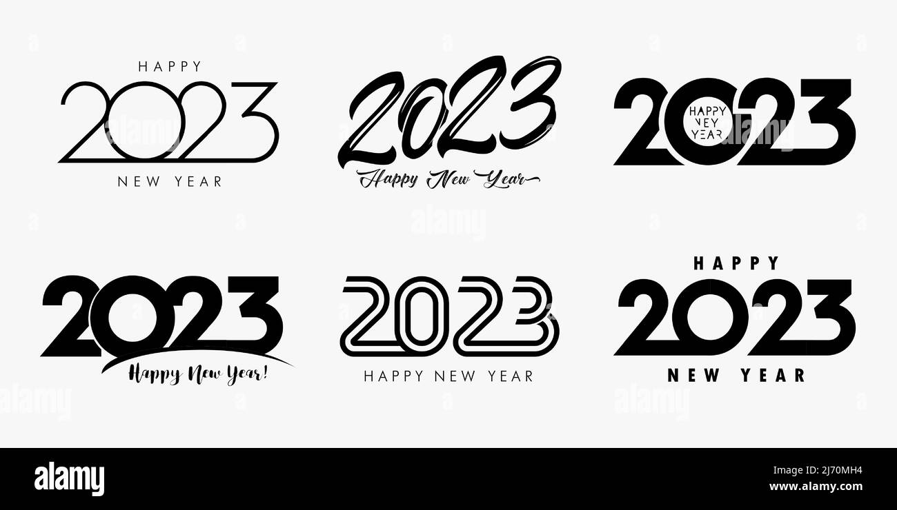 Großes Set 2023 Happy New Year schwarzes Logo Text Design. Designvorlage für 20 23 Nummern. Sammlung von Symbolen von 2023 Frohes neues Jahr. Vektorgrafik Stock Vektor