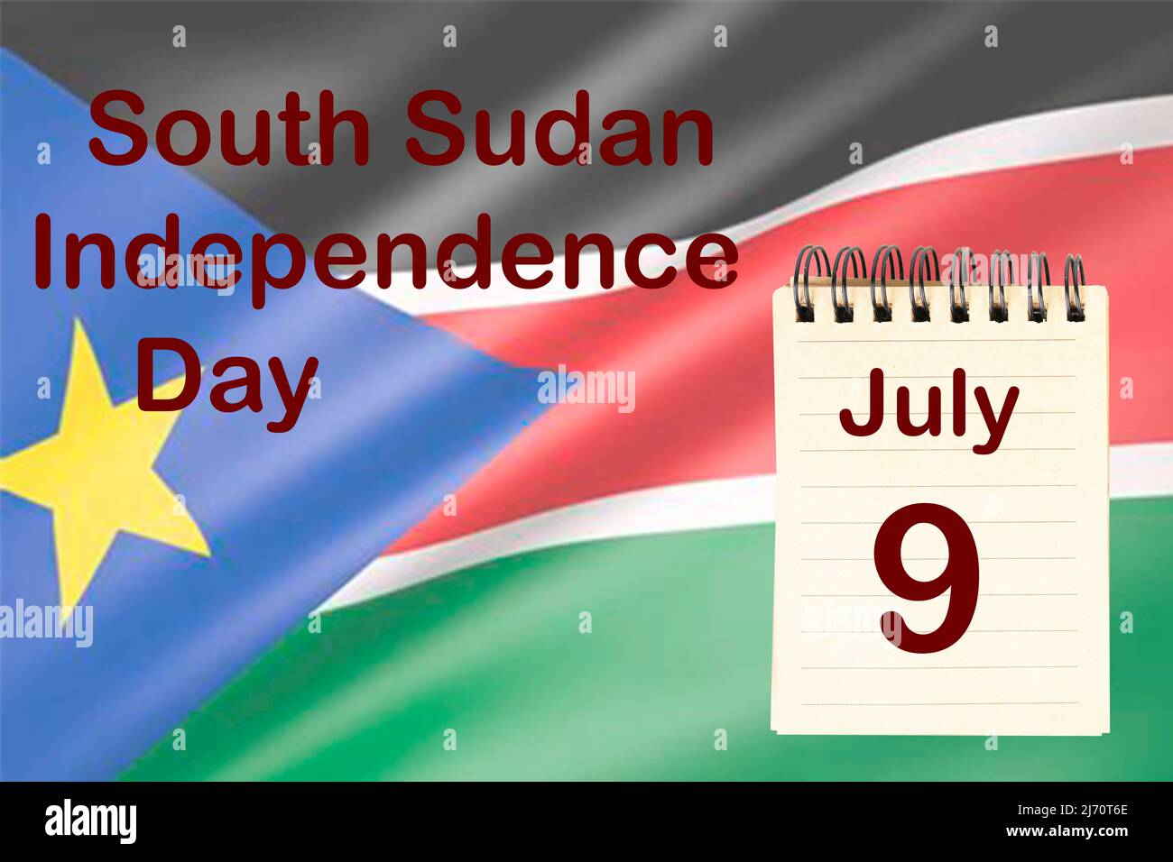 Die Feier des Südsudan Unabhängigkeitstages mit der Flagge und dem Kalender, der den 9. Juli anzeigt Stockfoto