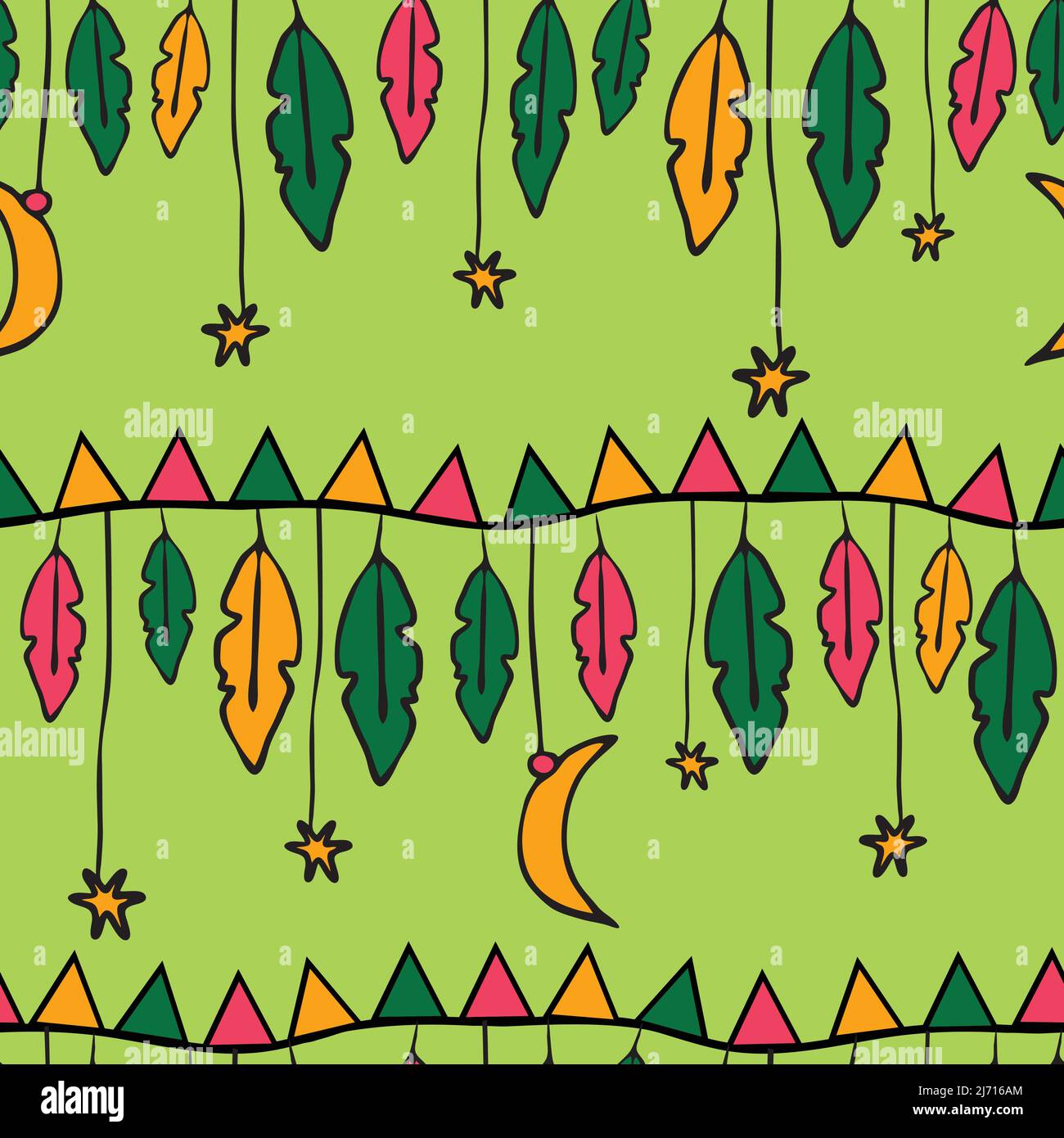 Nahtloses Vektor-Muster mit hängenden Federn und Sternen auf grünem Hintergrund. Schöne Hippies Tapete Design. Zigeunermode Textil. Stock Vektor