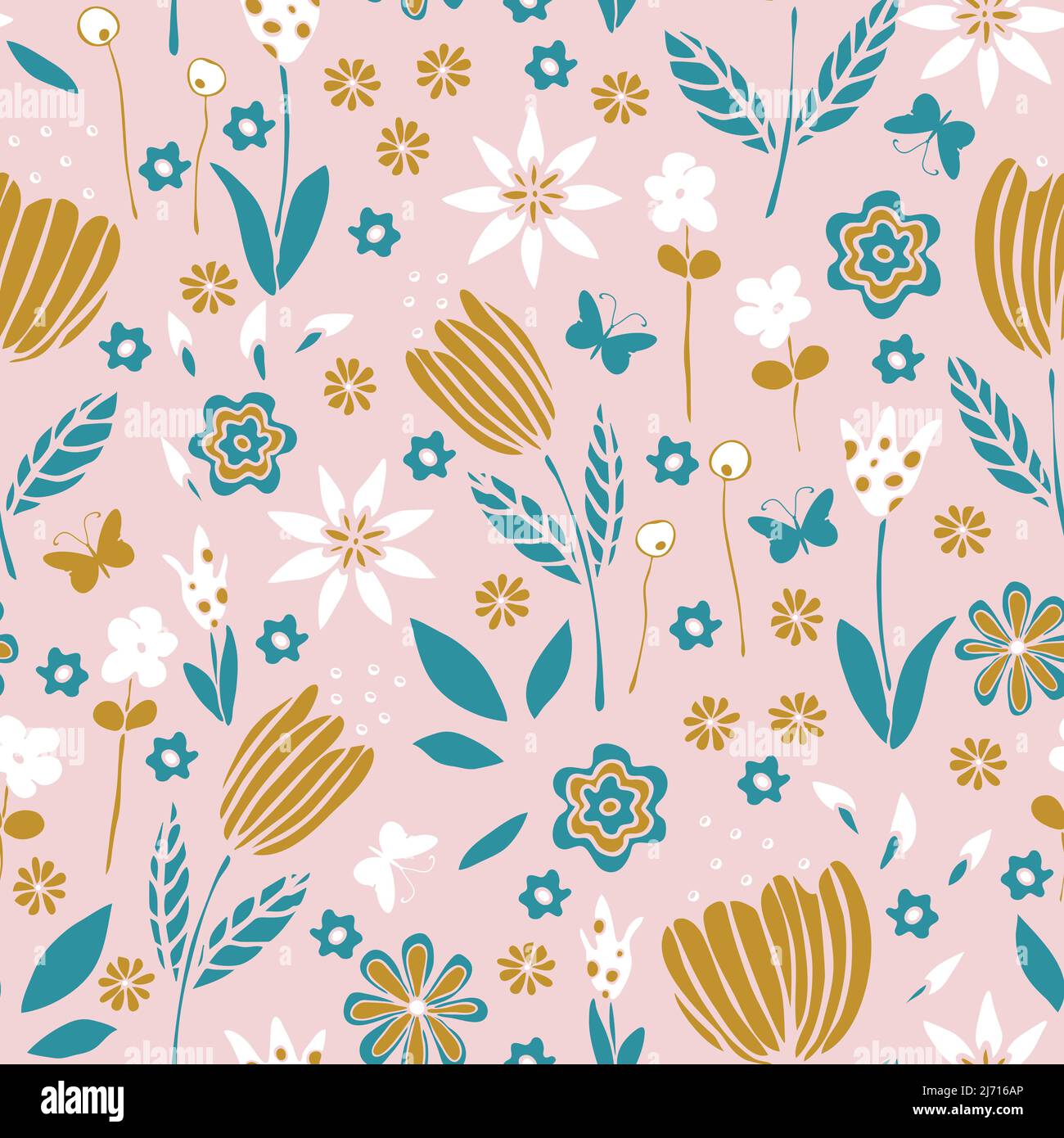 Nahtloses Vektor-Muster mit romantischem Blumengarten auf rosa Hintergrund. Einfache niedliche florale Tapete Design. Dekorative Girly Traum Mode Textil. Stock Vektor