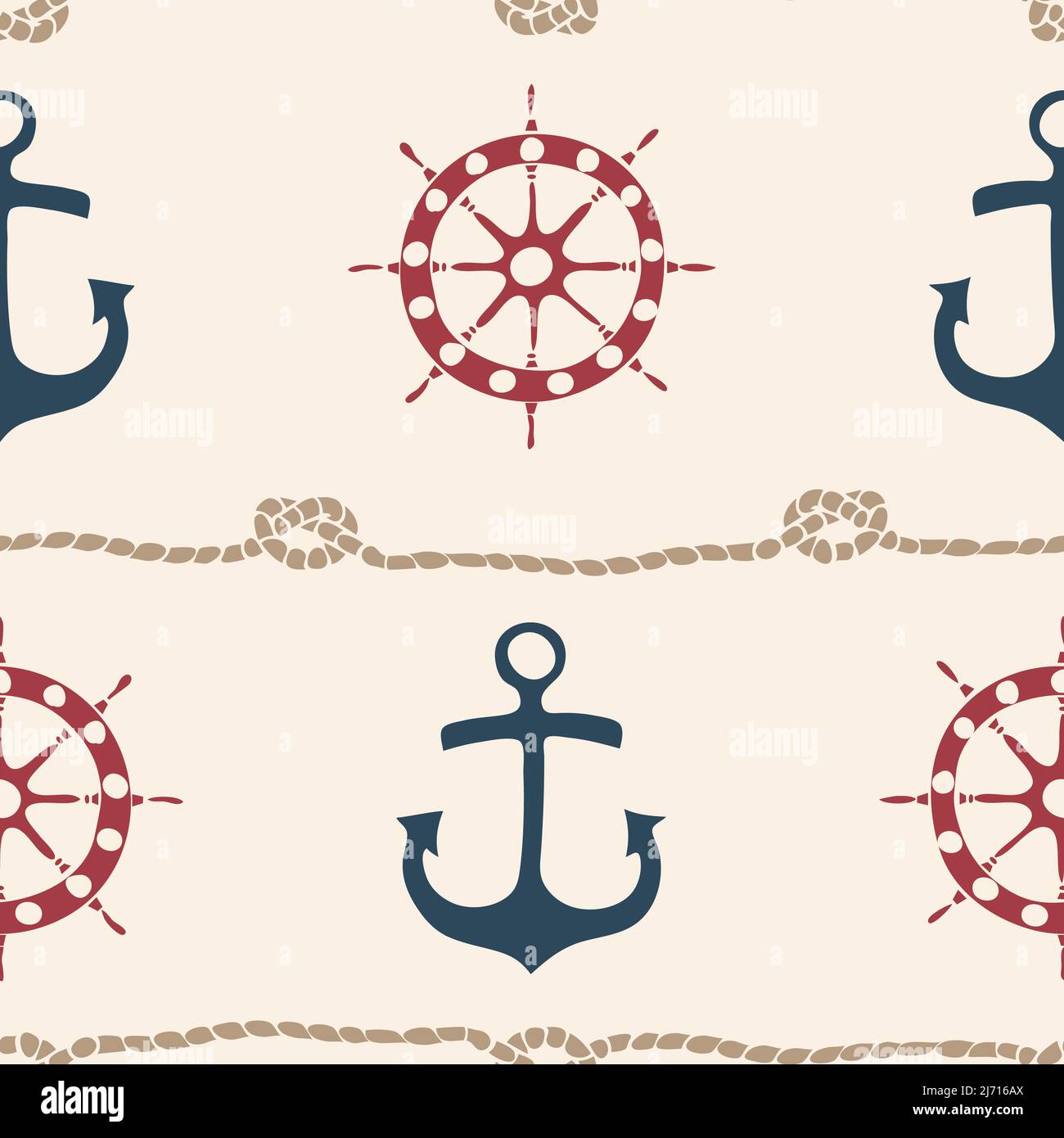 Nahtloses Vektormuster mit Schiffsrad und Anker auf beigem Hintergrund. Tapeten im nautischen Stil. Dekorative Lifestyle Mode Textil. Stock Vektor