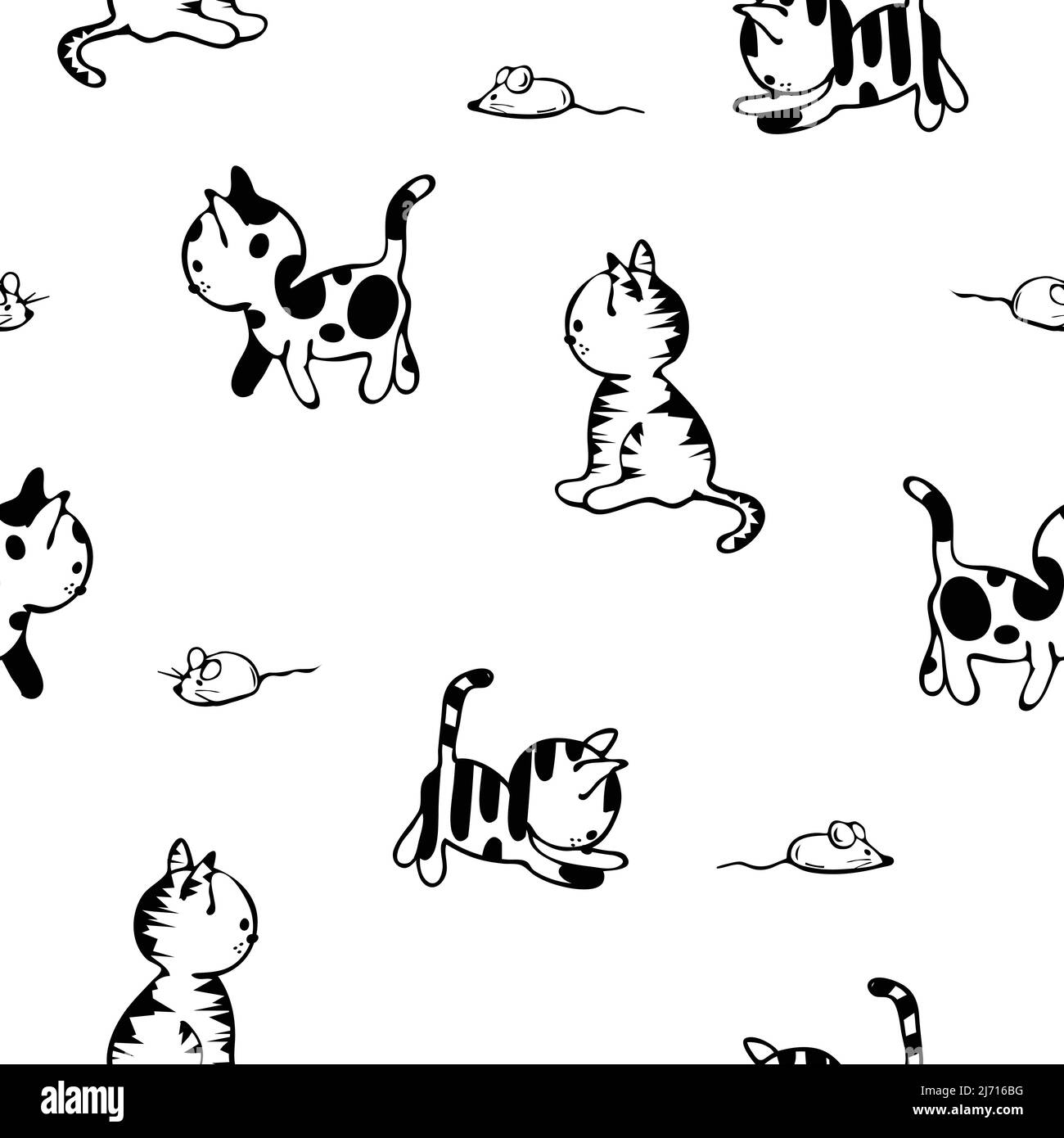 Nahtloses Vektormuster mit Katzenzeichnung auf weißem Hintergrund. Einfache Tier Doodle Tapete Design. Dekorative Kätzchen Mode Textil. Stock Vektor