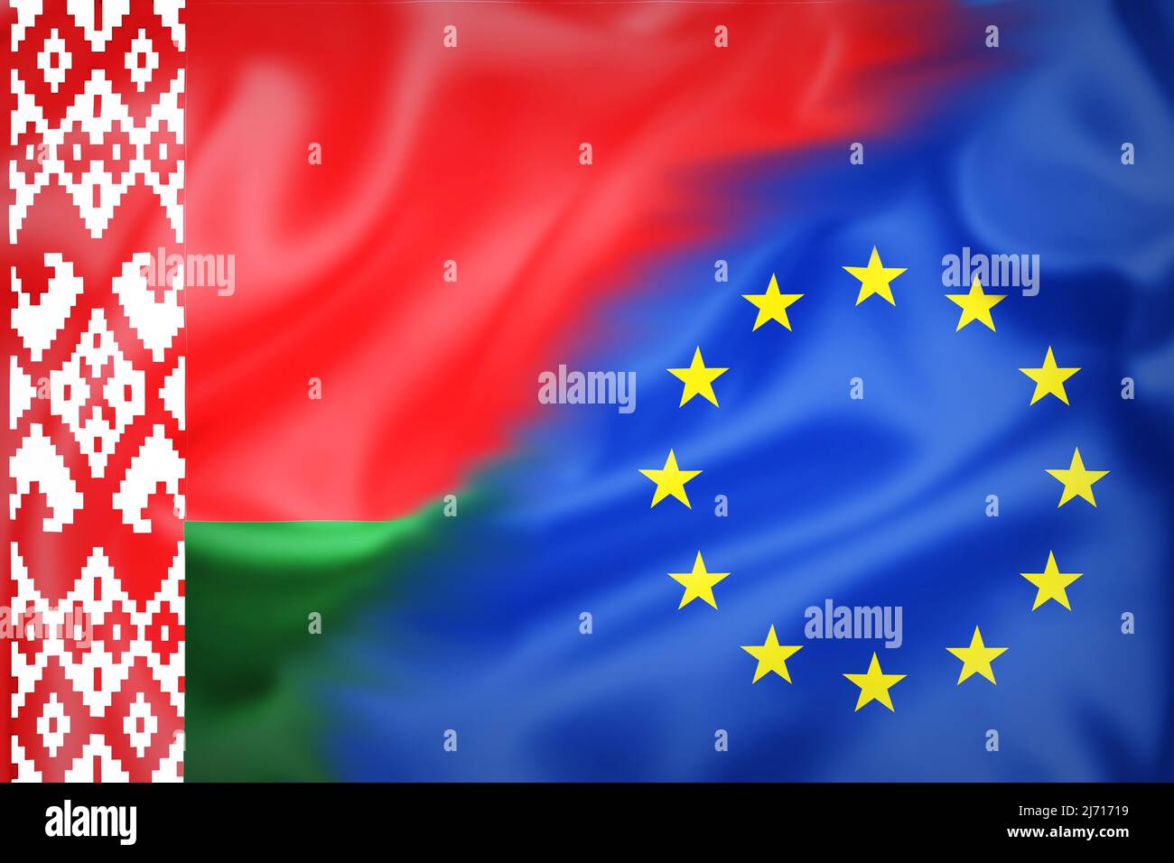 Flaggen von Belarus und EU-Illustration, Konzept der angespannten Beziehungen in der Migrationskrise Stockfoto