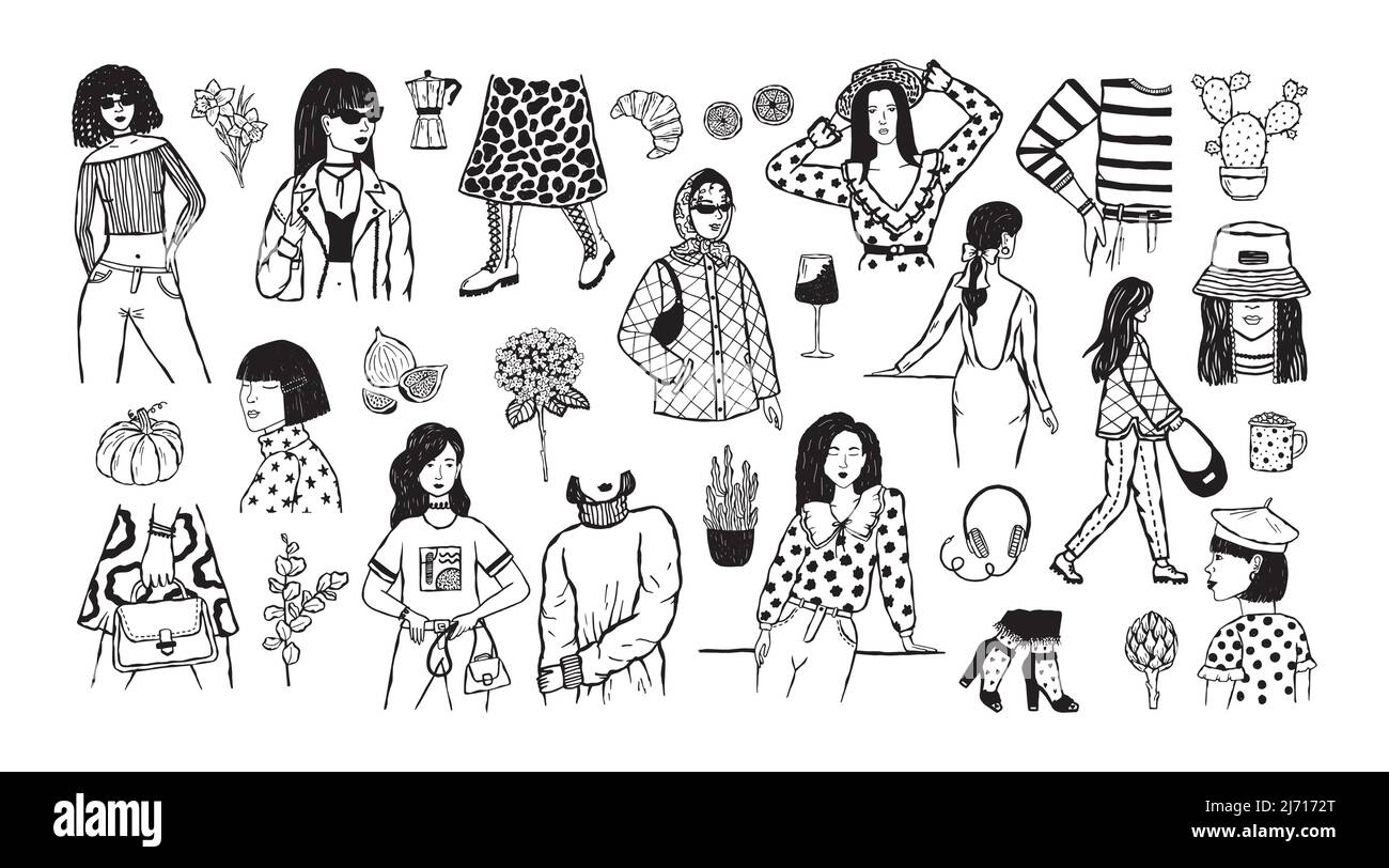 Vector Mode-Set von Illustrationen von Mädchen in modischen modernen Kleidung und Objekte des täglichen Lebens. Modisches, minimalistisches Poster. Stock Vektor
