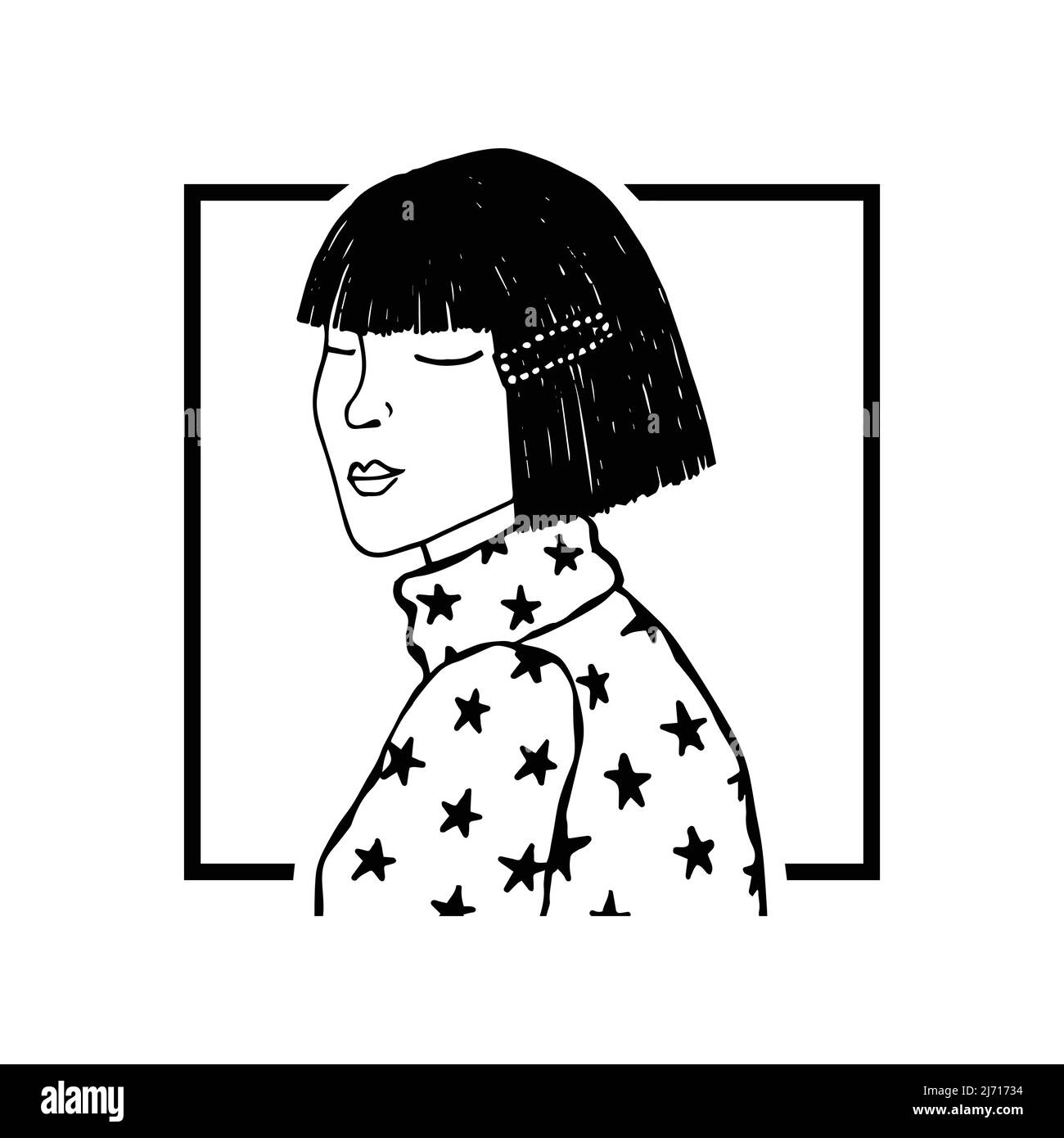 Vektor-Mode-Illustration eines Mädchens im Profil in einem trendigen Sweatshirt mit einem Muster in Form von Sternen. Lässige Mode. Stock Vektor