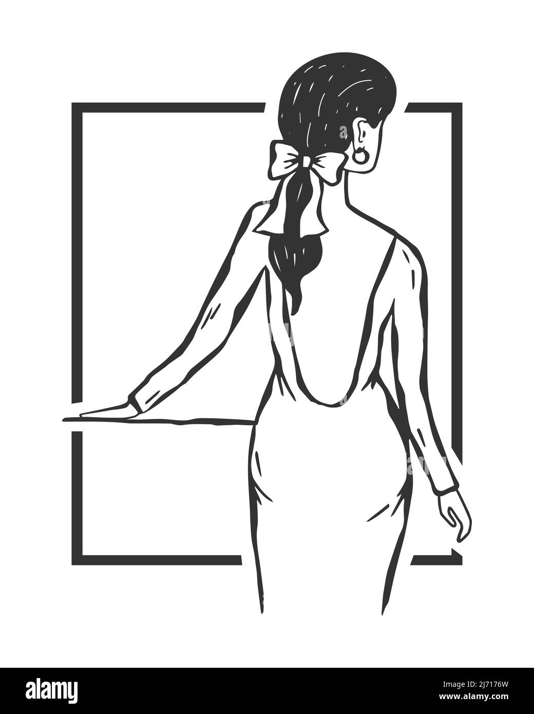 Vektor-Mode-Illustration eines Mädchens in einem Kleid mit offenem Rücken. Fashion Lifestyle-Poster. Stock Vektor