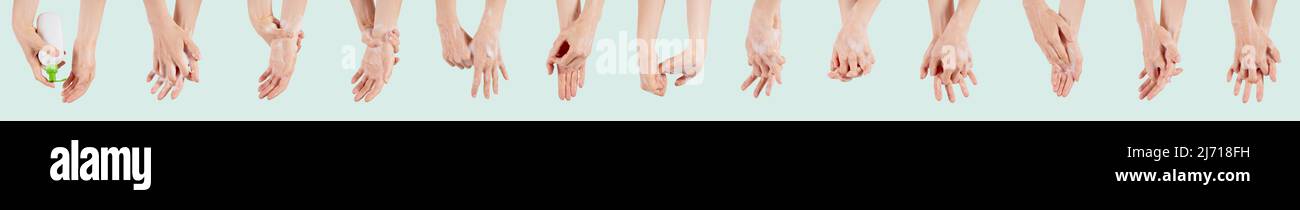 Prozess der Reinigung oder Händewaschen in Schritten mit Schaum und Seife für hygienische und Desinfektion Konzept Kunstwerke oder medizinische Designs. Stockfoto