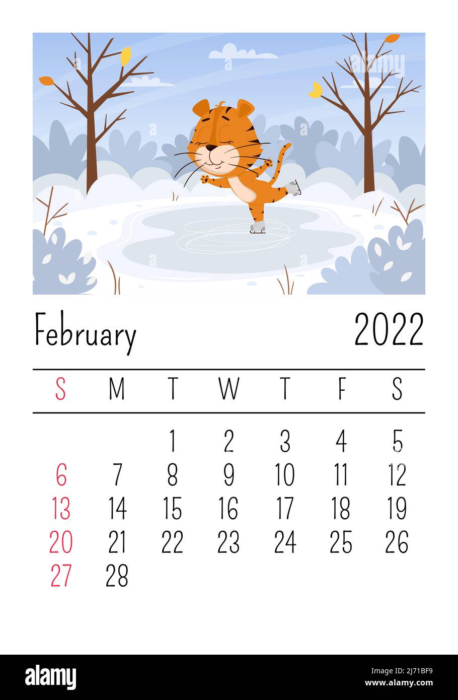 Designvorlage. Kalender für 2022, Februar. Niedlicher Cartoon-Tiger ist auf der Eisbahn im Wald Schlittschuhlaufen. Winterlandschaft. Das Symbol des Jahres. Anima Stock Vektor