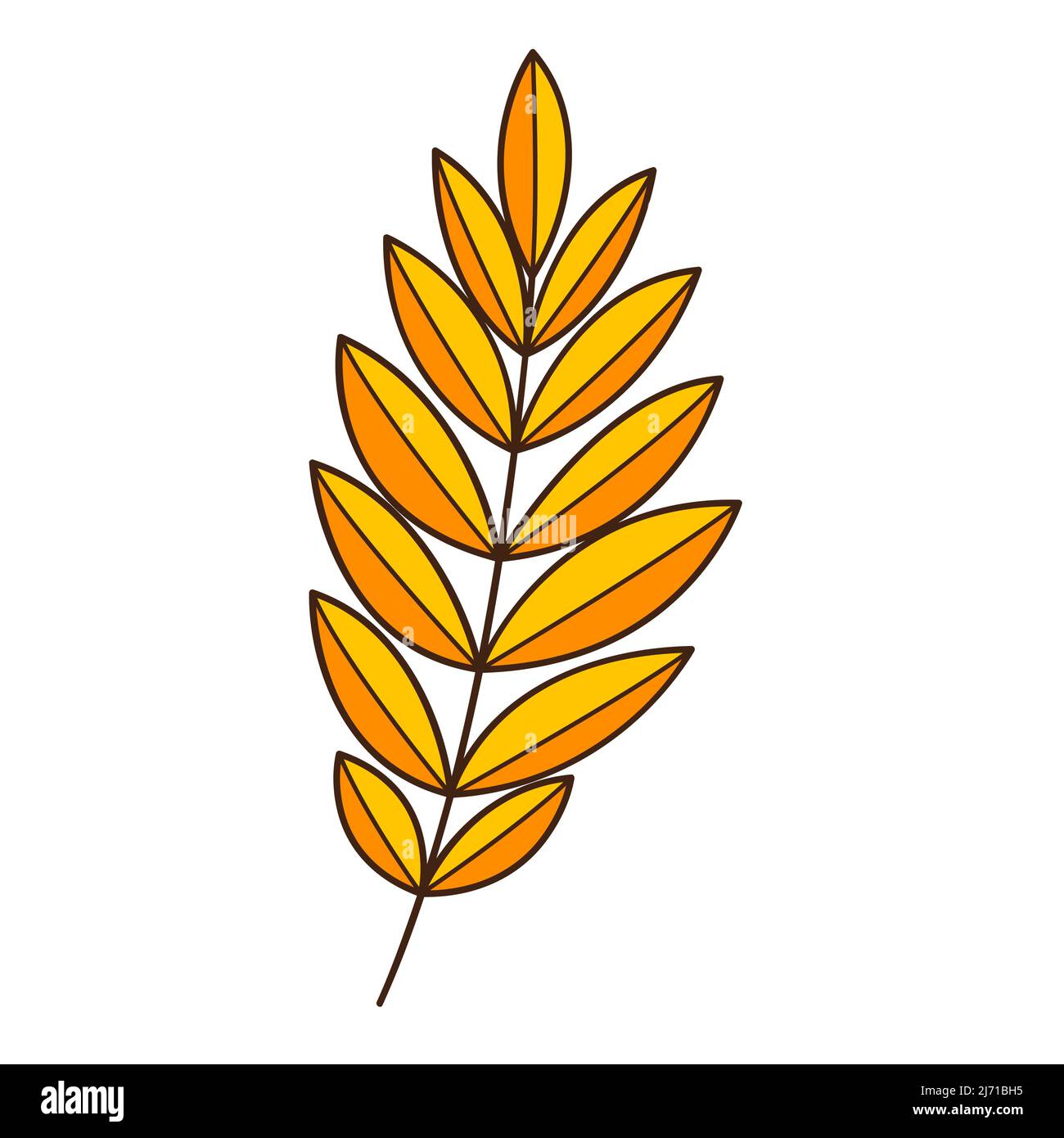 Gelb-orangefarbener abstrakter Zweig mit Blättern. Ein Grashalm. Herbstzeit. Botanisches, pflanzliches Designelement mit Umriss. Doodle, handgezeichnet. Flaches Design. Stock Vektor