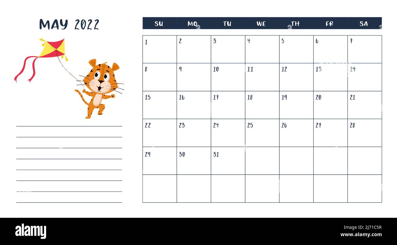 Horizontale Desktop-Kalenderseite Vorlage für Mai 2022 mit einem Cartoon-Tiger-Symbol des chinesischen Jahres. Die Woche beginnt am Sonntag. Tiger startet ein KI Stock Vektor