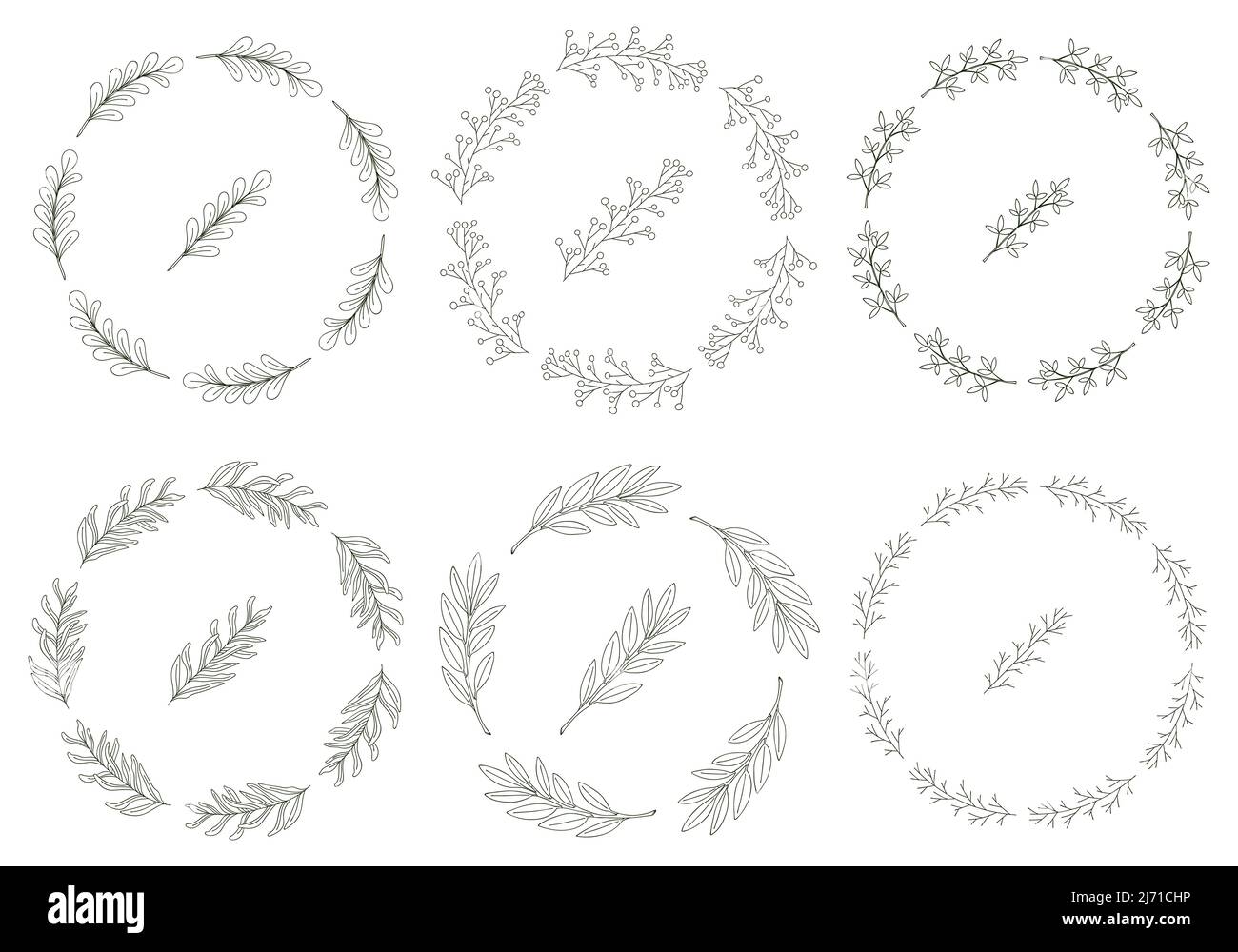 Set aus 8 runden Kränzen aus handgezeichneten Zweigen mit Blättern im Doodle-Stil. Schwarz-Weiß-Vektorgrafiken im Cartoon-Stil. Isoliert auf einem weißen Bac Stock Vektor