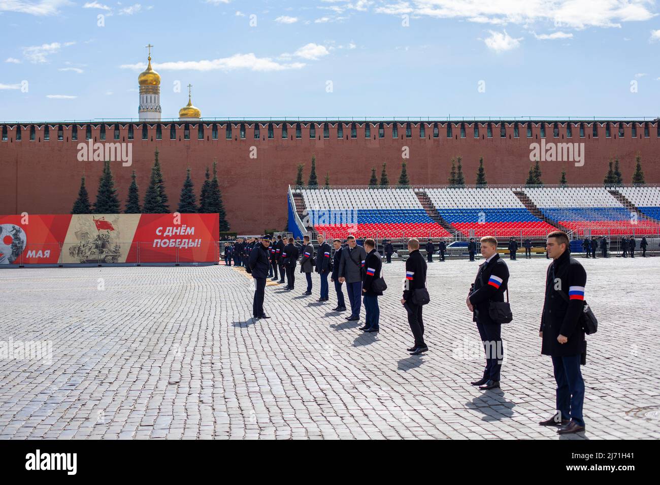 Moskau, Russland - 4. Mai 2022: Roter Platz, Generalprobe der Parade zum 9. Mai Siegestag im Zweiten Weltkrieg, Vorbereitung auf den Feiertag Stockfoto