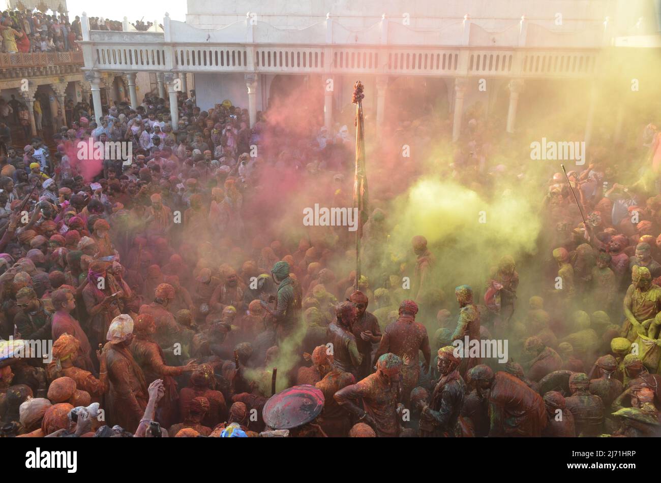 Feier von Holi in Uttar Pradesh, Indien. Stockfoto