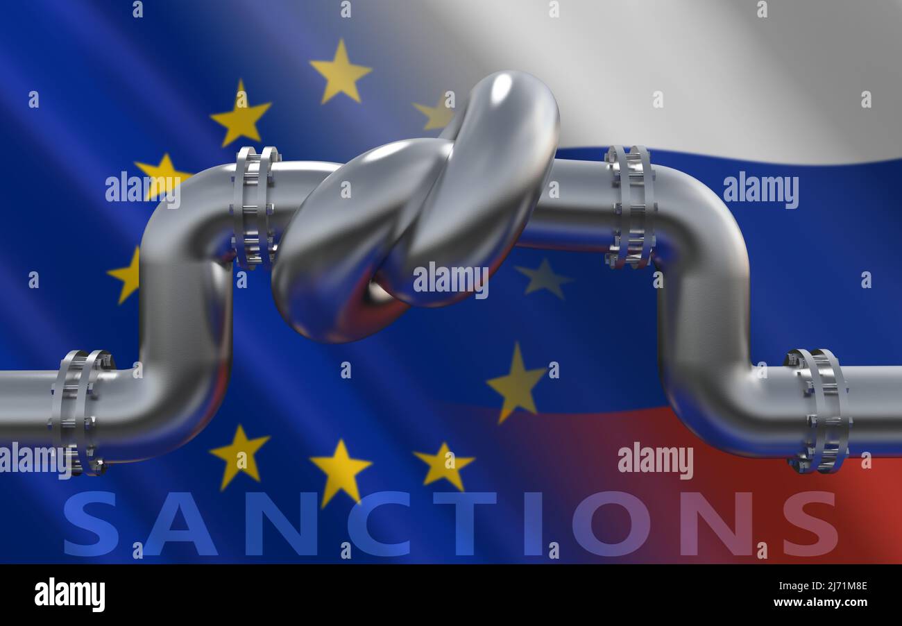 Kraftstoffgasleitung mit einem Knoten vor dem Hintergrund der Flaggen der Europäischen Union und Russlands. Wirtschaftssanktionen der EU. Energieembargo. Ölimport Export f Stockfoto