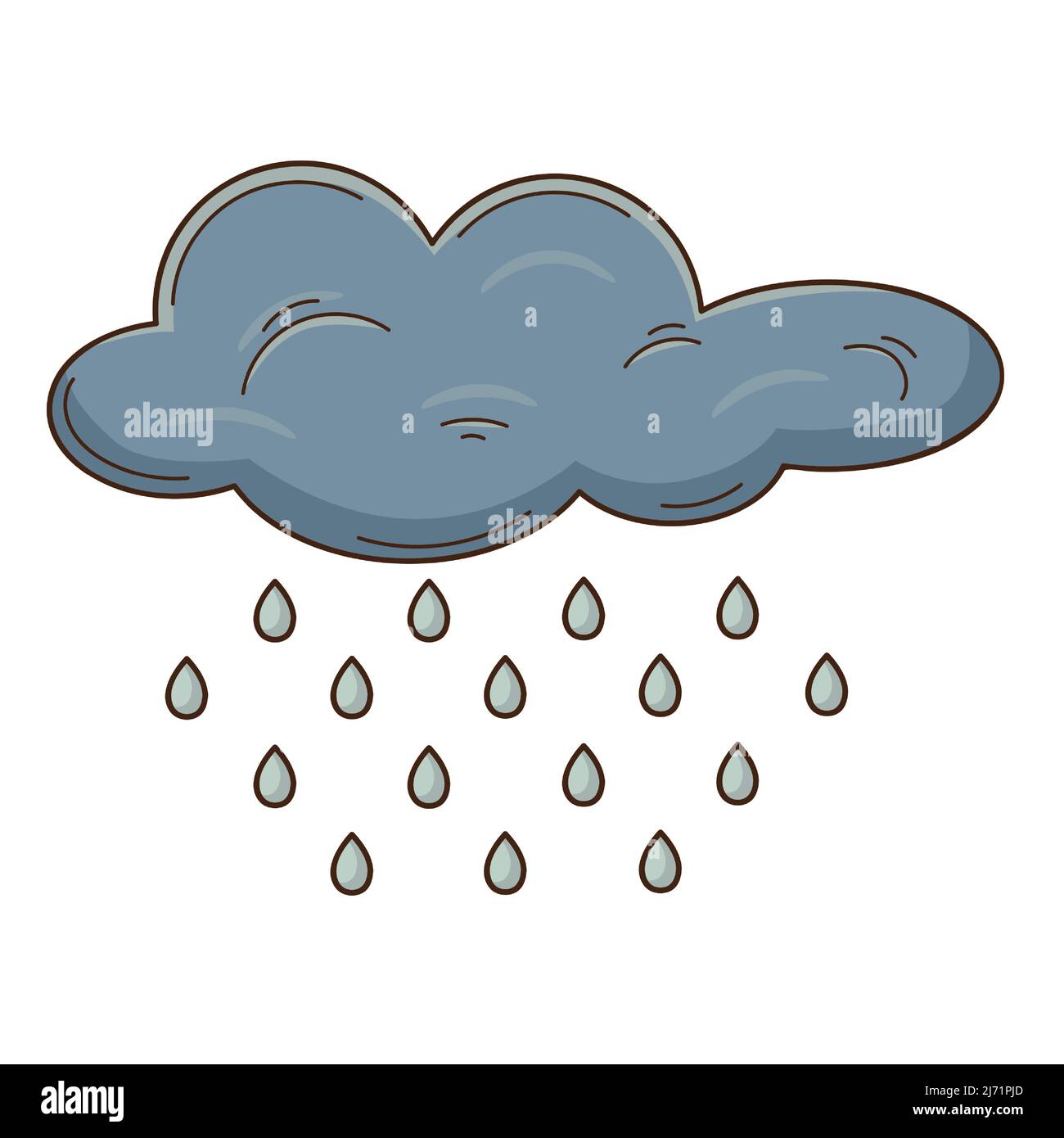 Eine Wolke mit Regentropfen. Ein Wetterphänomen. Designelement mit Umriss. Herbstthema. Doodle, handgezeichnet. Flaches Design. Darstellung von Farbvektoren. I Stock Vektor