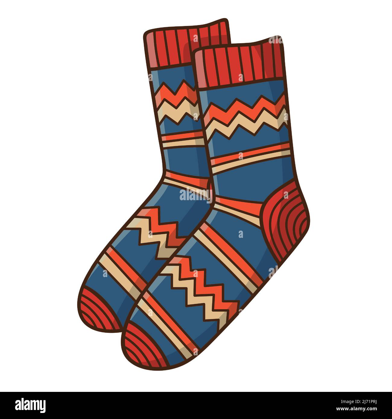 Ein Paar warm gemusterte Socken. Herbst- und Winterkleidung. Designelement mit Umriss. Das Thema Winter, Herbst. Doodle, handgezeichnet. Flaches Design. Stock Vektor