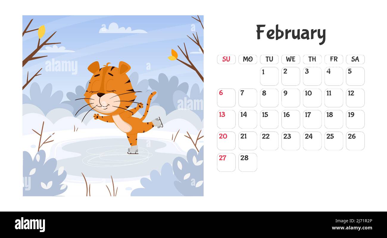 Horizontale Desktop-Kalenderseite Vorlage für Februar 2022 mit einem Cartoon-Tiger-Symbol des chinesischen Jahres. Die Woche beginnt am Sonntag. Tiger-Skating. Stock Vektor