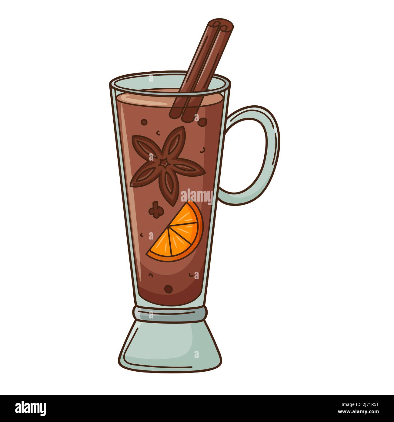 Ein Glas Glühwein mit Orange, Zimt und Sternanise. Ein heißes, wärmendes Getränk. Designelement mit Umriss. Doodle, handgezeichnet. Flaches Design.Farbe Stock Vektor