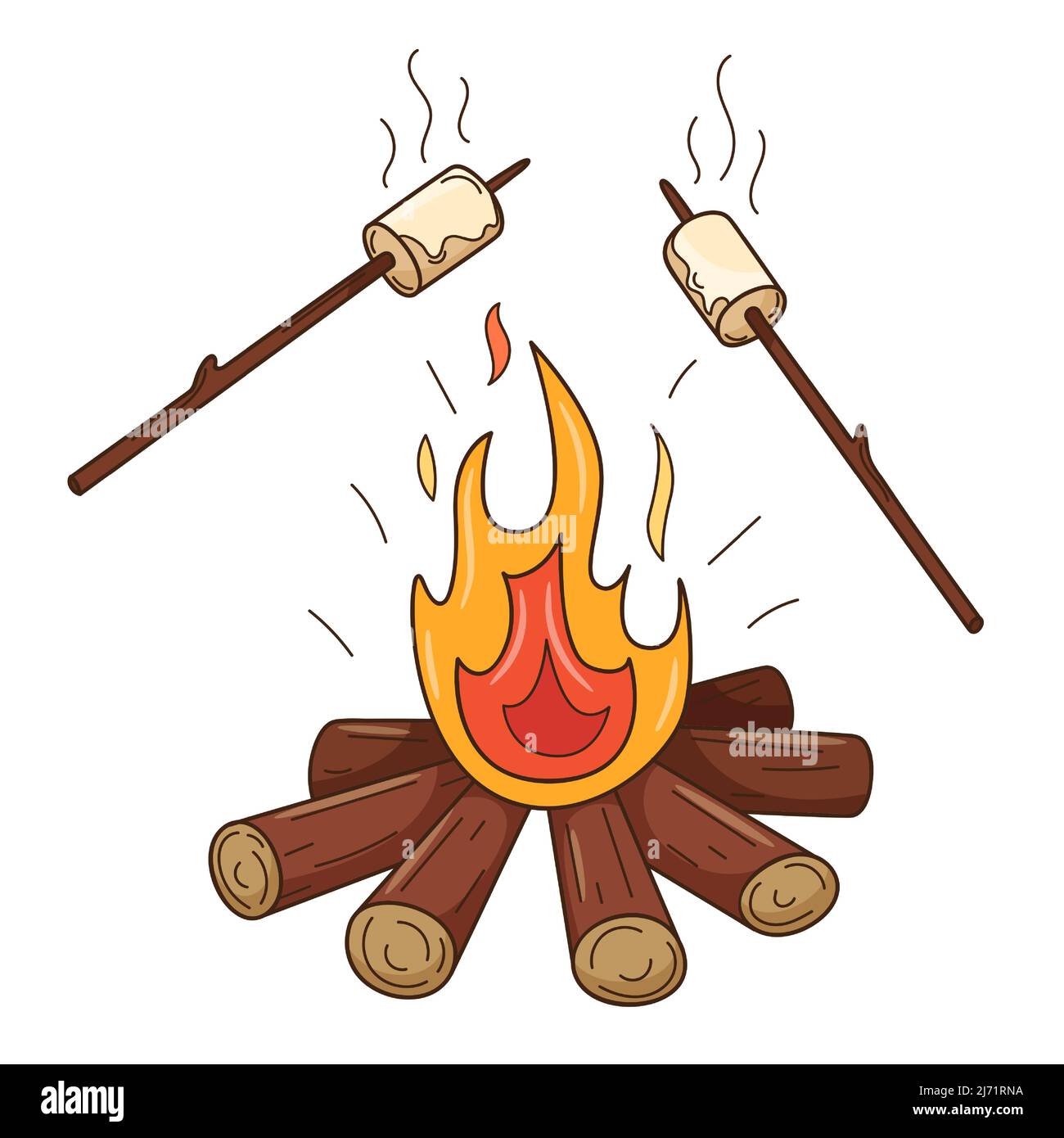 Die Marschmalgen werden auf dem Feuer gebraten. Ein Holzfeuer. Herbstunterhaltung. Dekoratives Element mit Umriss. Doodle, handgezeichnet. Flaches Design. Stock Vektor