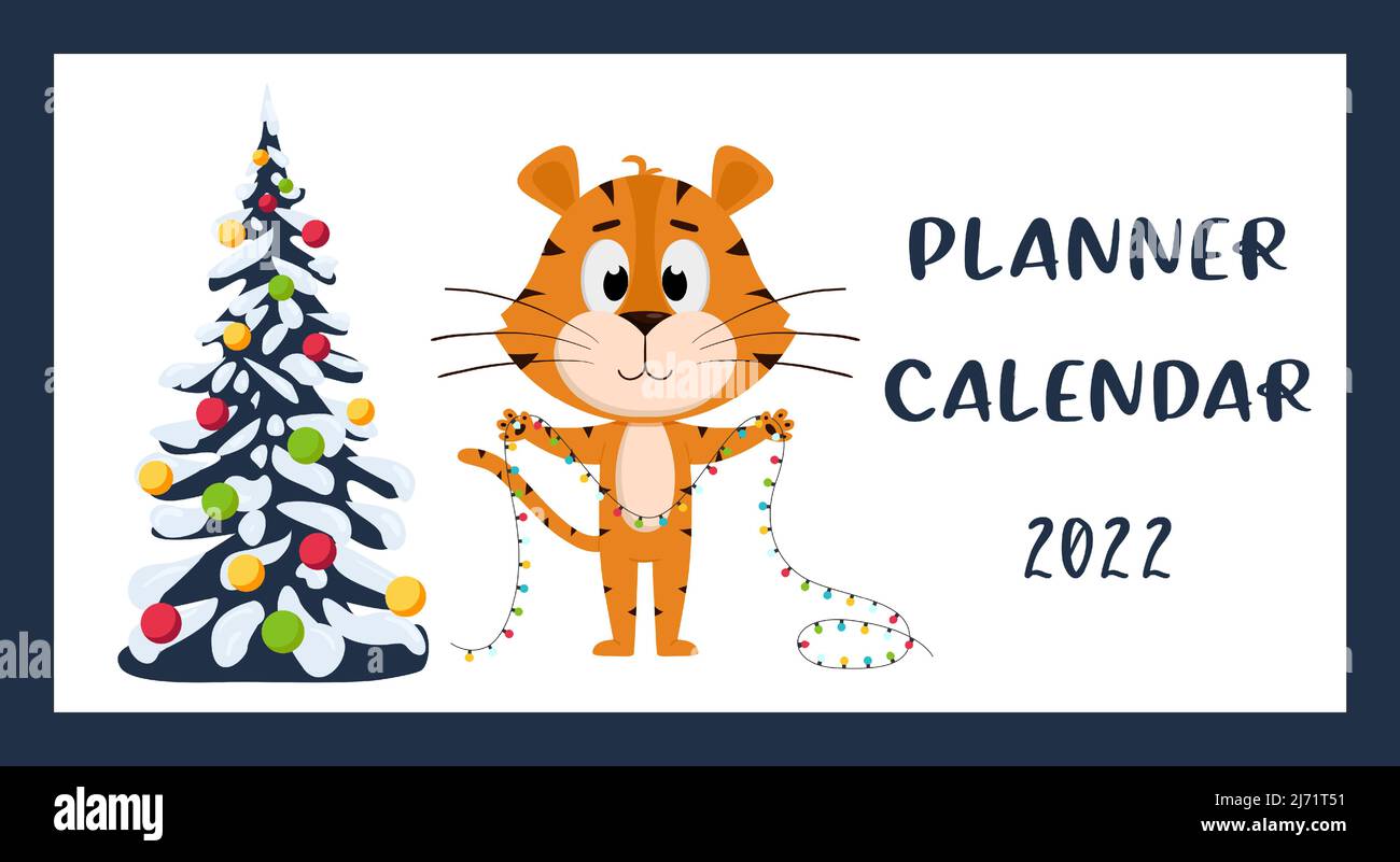 Das Cover des horizontalen Desktop-Kalenders für 2022. Das Symbol des Jahres im chinesischen Kalender. Das Jahr des Tigers. Tiger steht Stock Vektor