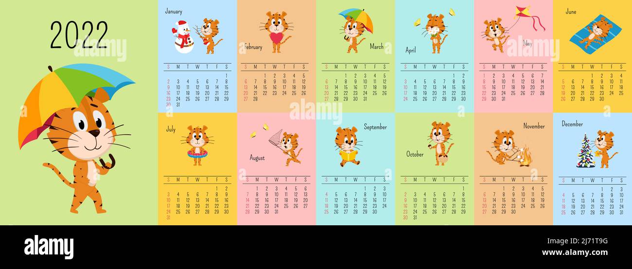 Kalendervorlage Für Vertikale Wand 2022. Die Woche beginnt am Sonntag. Ready-to-Print-Kalender mit chinesischen Jahr Symbol Cartoon Tiger. Ein Satz von 12 Seiten und ein c Stock Vektor