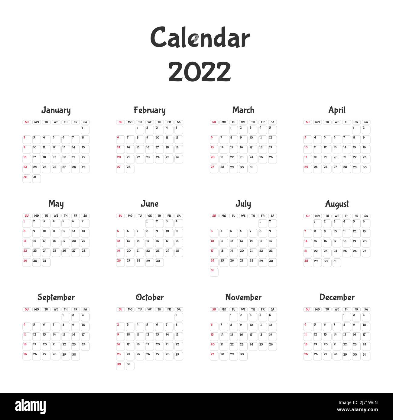 Kalender für 2022. Die Woche beginnt am Sonntag. Alle Monate. Design der Kalendervorlage. Vektor Stock Vektor