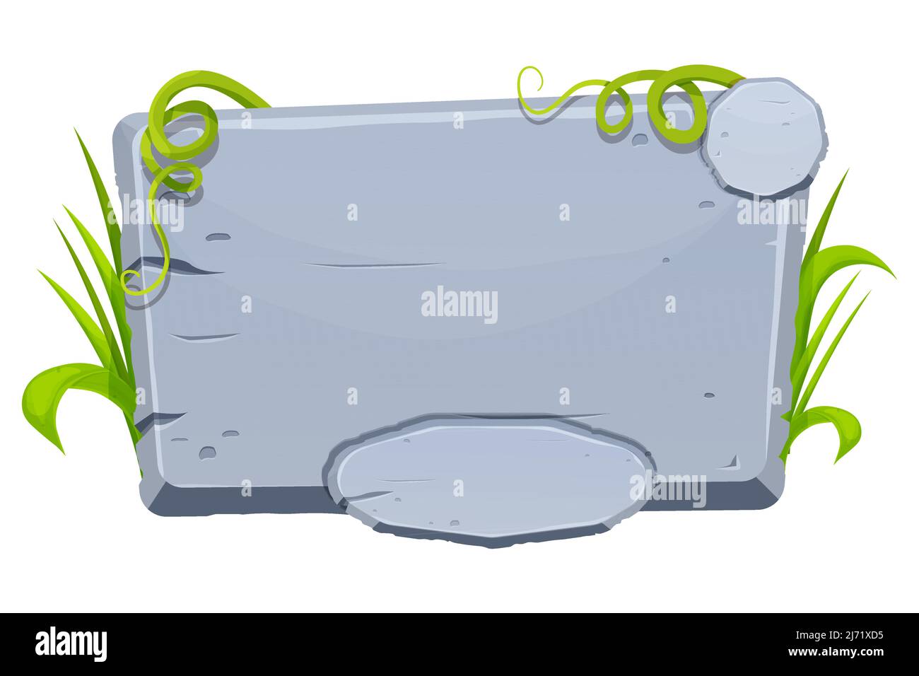 Dschungel Steinrahmen mit Gras und Liane, Benutzeroberfläche, Menütafel im Comic-Stil isoliert auf weißem Hintergrund. Vektorgrafik Stock Vektor