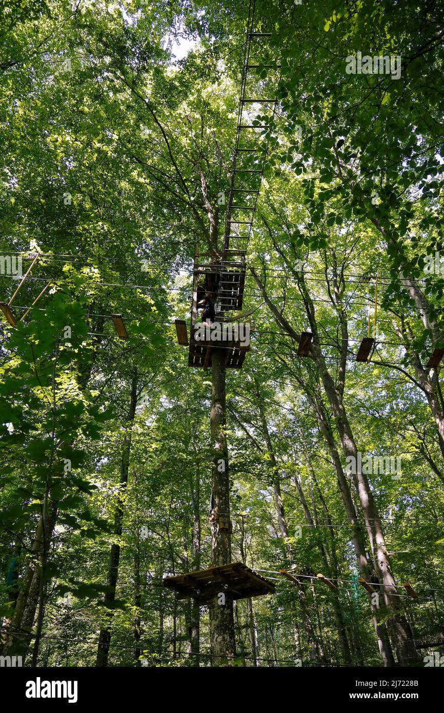 Kletterwald Laichingen, Kletterelement, Parcours, Drahtseile, Geschicklichkeit, Spass, Abenteuer, Action, Freizeit, Sport, Outdoor, Bewegung, Baeume Stockfoto