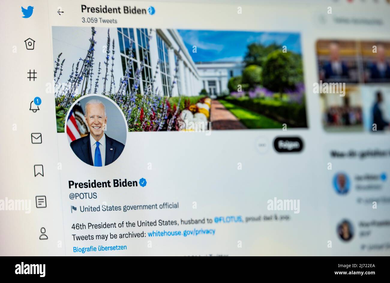 Twitter Seite des amerikanischen Praesidenten Joe Biden, POTUS, Twitter, Soziales Netzwerk, Internet, Internetpage, Bildschirmfoto, Detail Stockfoto