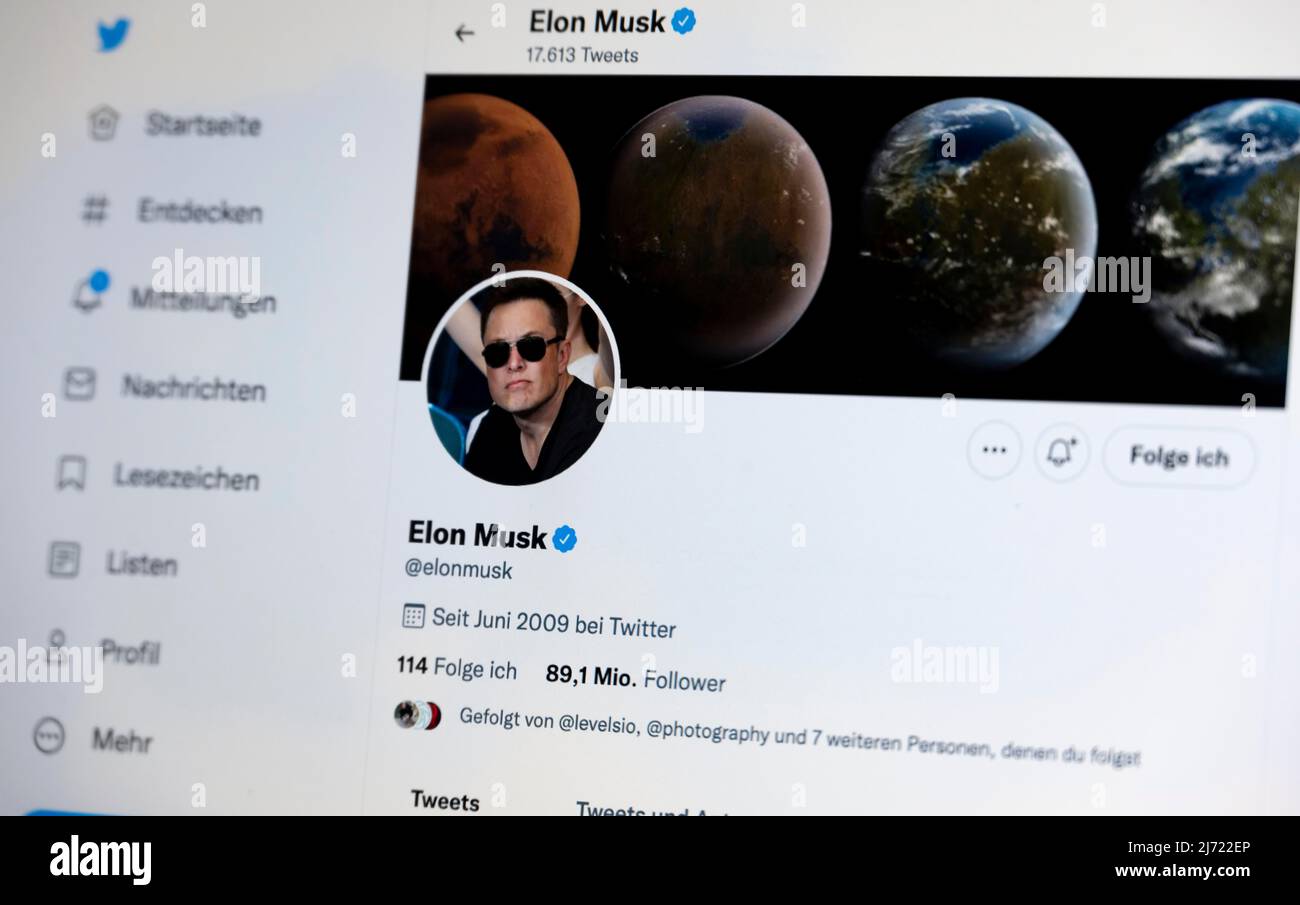 Twitter Seite des Unternehmens Elon Musk, Twitter, Soziales Netzwerk, Internet, Internetseite, Bildschirmfoto, Detail, Deutschland Stockfoto