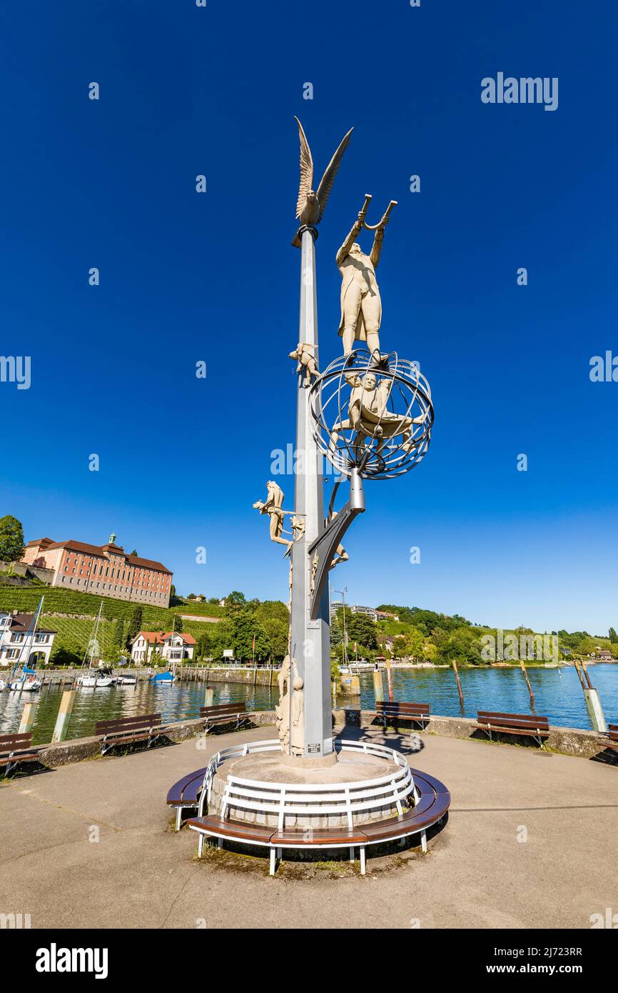 Magische Saeule von Peter Lenk auf der Hafenmole, Hafen, Meersburg, Bodensee, Baden-Württemberg, Deutschland Stockfoto