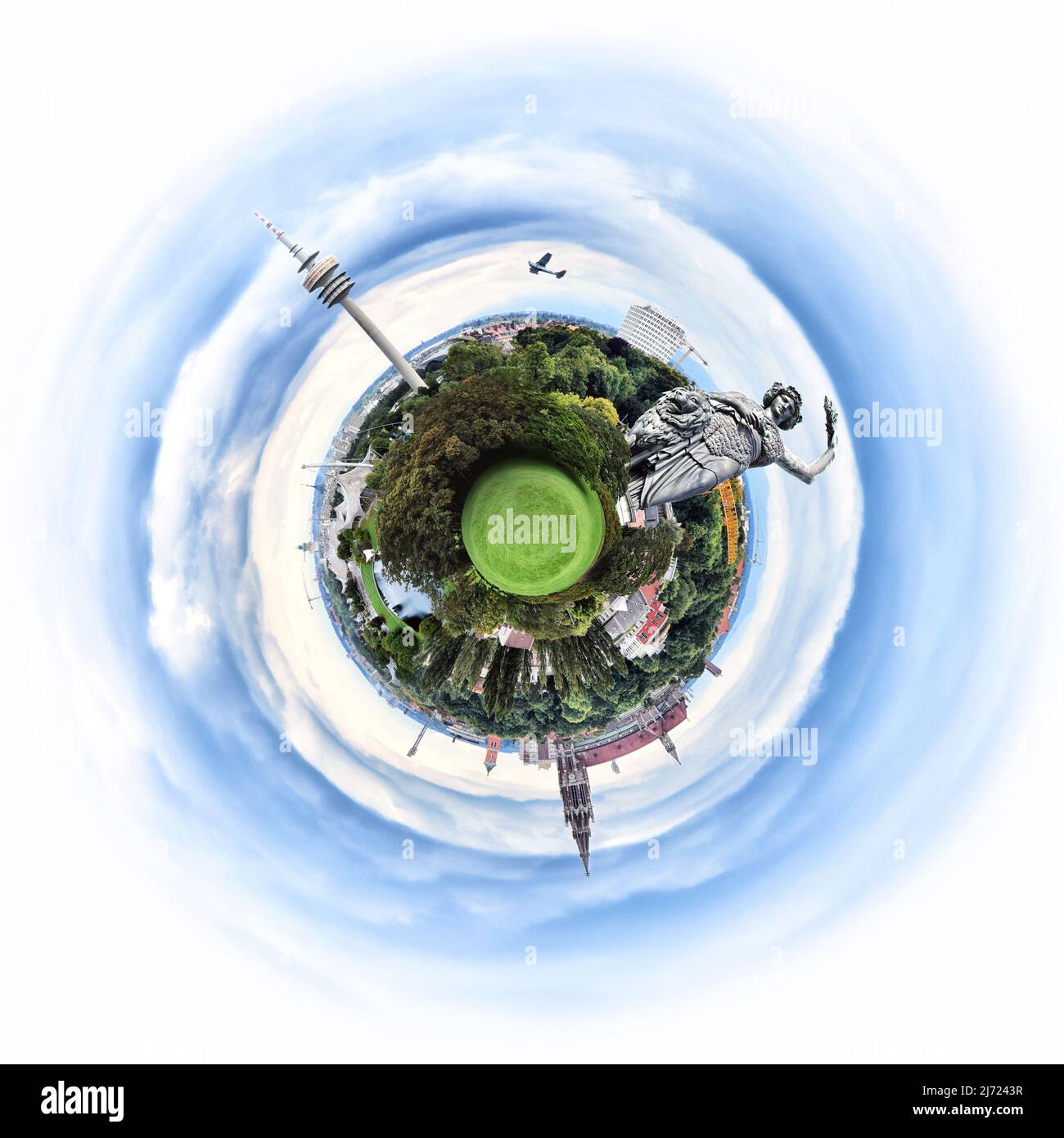 360-Grad-Illustration (Erdansicht) mit berühmten Sehenswürdigkeiten und Sehenswürdigkeiten von München, Deutschland, September 2021 Stockfoto