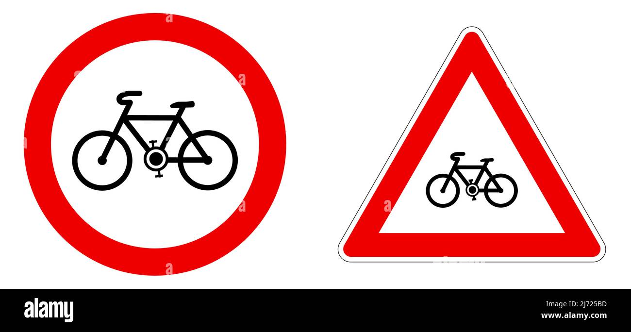 Einfaches schwarzes Fahrrad-Symbol in rotem Kreis und Dreieck - Fahrrad Warnung oder nicht erlaubt Zeichen Stock Vektor