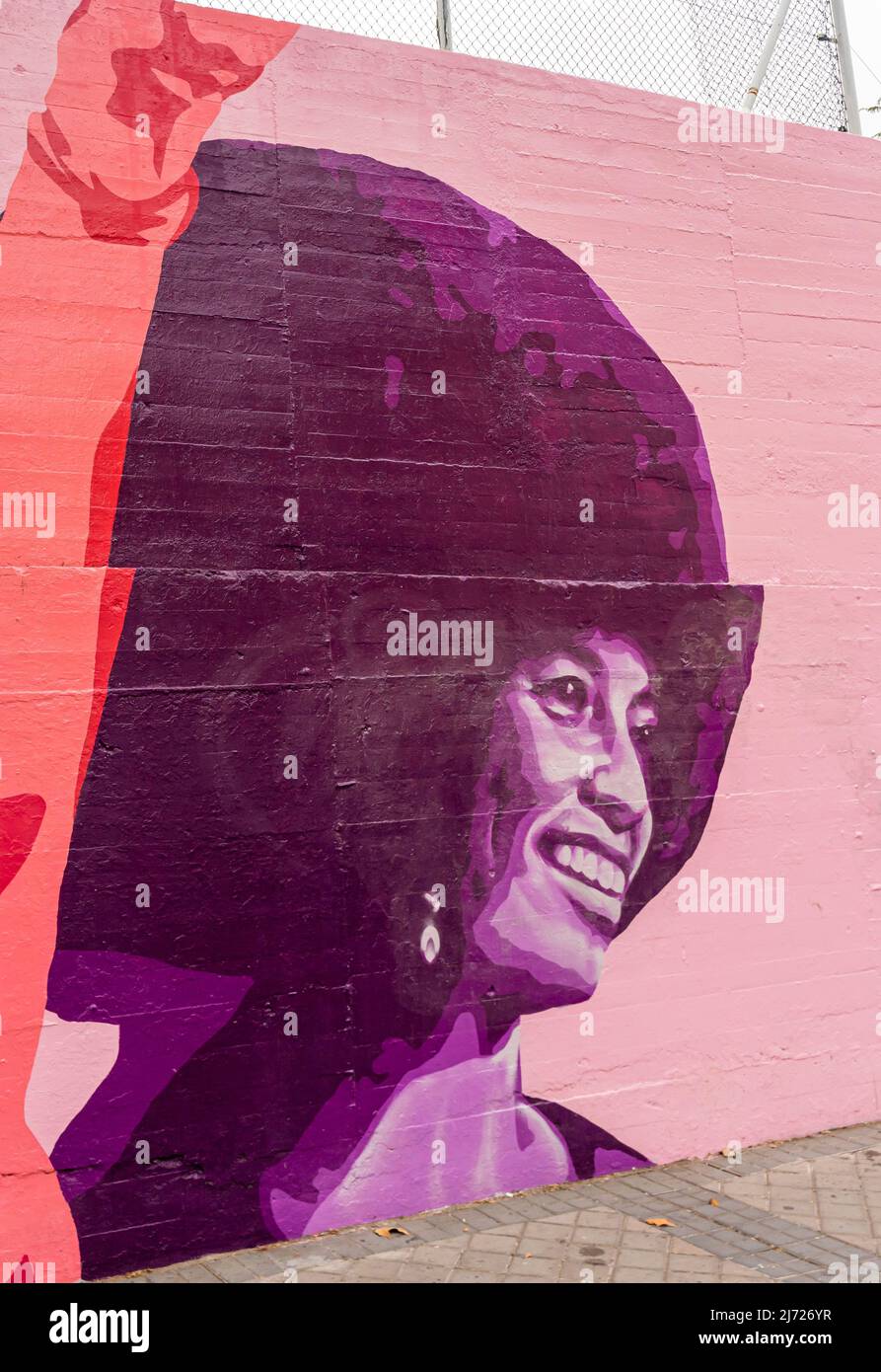 Wandgemälde der afroamerikanischen Politikerin und Aktivistin Angela Davis, Concepcion Feministische Wandmalerei La Unión hace la fuerza, an der Wand in, Madrid Spanien Stockfoto