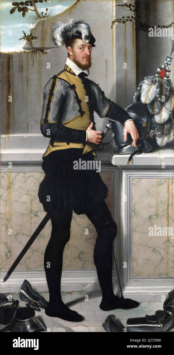 Ein Ritter mit seinem Jousting-Helm ('Il Cavaliere dal Piede Ferito', Conte Faustino Avogadro (?) ) Von Giovanni Battista Moroni (c. 1520/24-1579), Öl auf Leinwand, c. 1554-58 Stockfoto