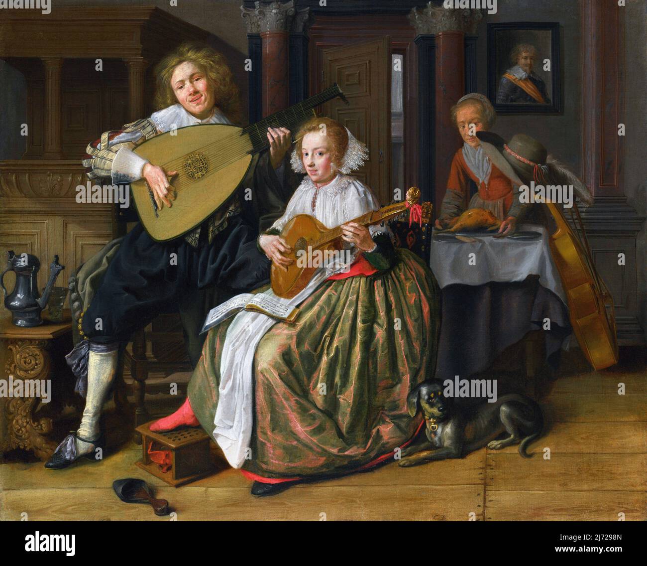 Ein junger Mann, der einen Theorbo spielt, und eine junge Frau, die eine Zitterfigur spielt, vom niederländischen Maler des Goldenen Zeitalters, Jan Miense Molenaer (1610-1668), Öl auf Leinwand, c. 1630-32 Stockfoto