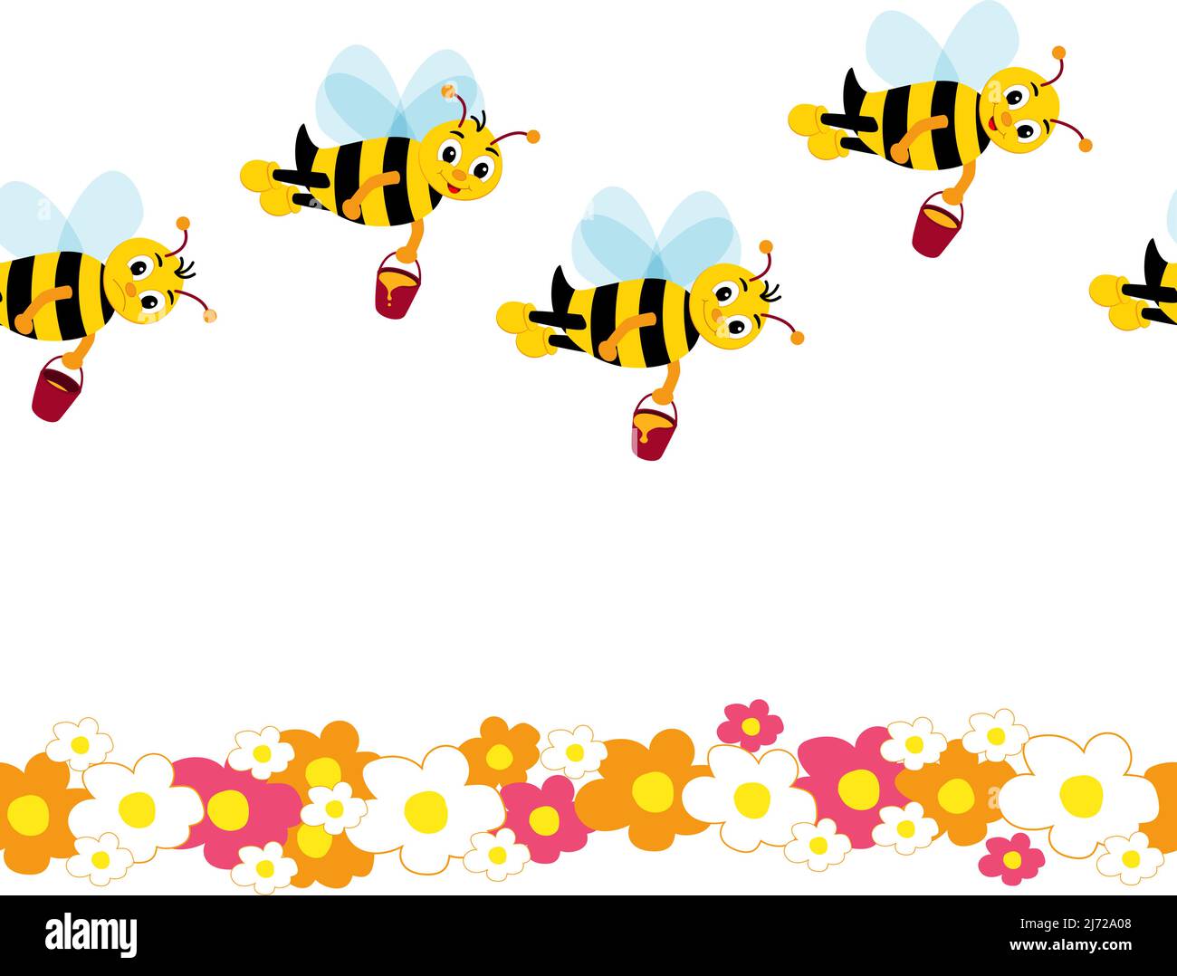 Viele niedliche Bienen fliegen mit Honig über Blumen. Vektor Nahtloses Muster. Stock Vektor