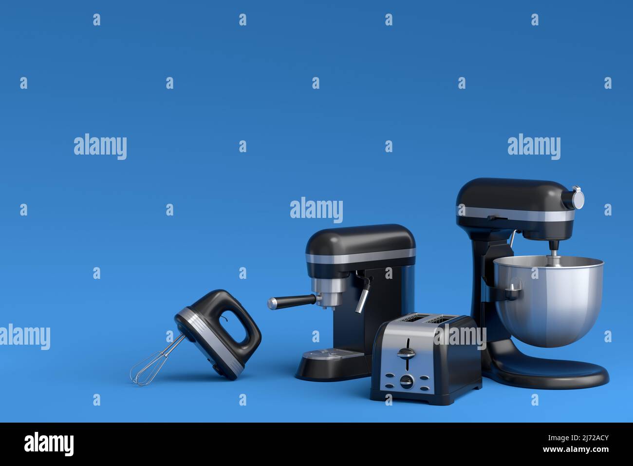 Espressomaschine, Handmixer, Wasserkocher und Toaster für die Zubereitung des Frühstücks auf blauem Hintergrund. 3D Render der Kaffeekocher für Latte-Kaffee Stockfoto
